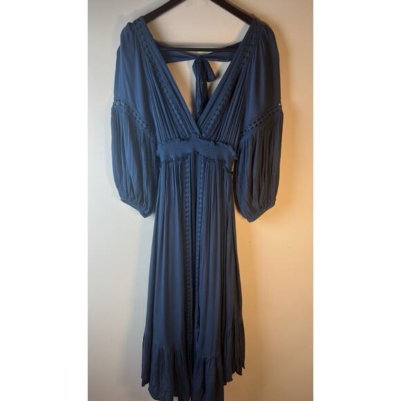 Free People Endless Summer Marysia Maxi Dress Blue Vneck Bohemian Crochet S NWOT - Picture 3 of 10